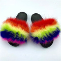 HSTX05-7 Ready To Ship  Kids Rainbow real Fur Slides